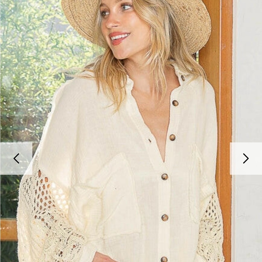 31. NWOT POL Cream Crochet Sleeve Blouse Oversized L